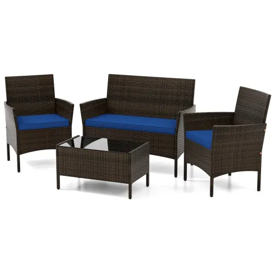4 Piece Patio Rattan Conversation Set With Cozy Seat Cushions Navy {4}