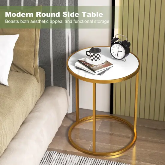Marble Top Round Side Table 16-inch End Table With Golden Metal Frame-2 Pieces {6}