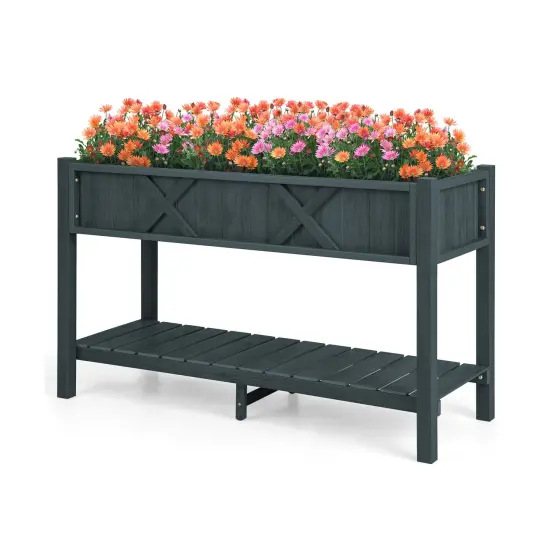 HIPS Raised Planter Box with Bottom Shelf and Drainage System Black {1}