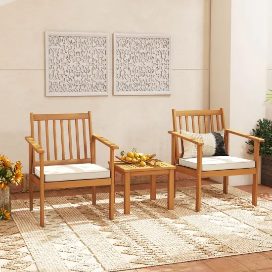 3 Pieces Patio Wood Furniture Set With Soft Cushions For Porch White {1}