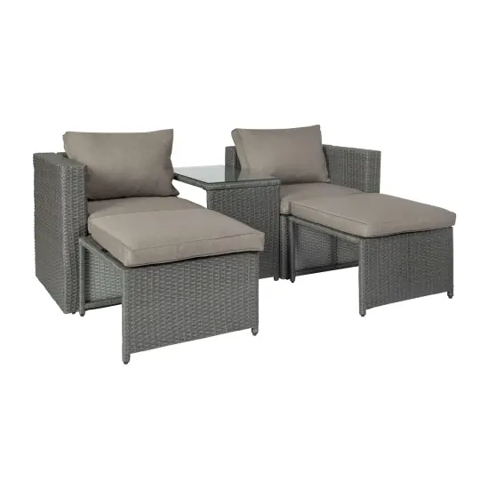Merrick Lane Canzo Woven Rattan Modular Sofa Set for Indoor/Outdoor Use with Loveseat, Ottomans, and Tempered Glass Table GrayFabric/GrayFrame {2}