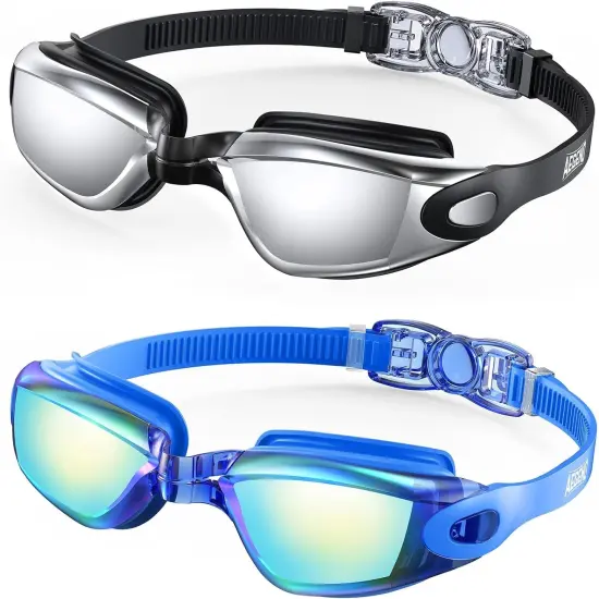 Swim Goggles, 2 Pack Swimming Goggles No Leaking Adult Men Women Youth Bright BlueSliver {1}