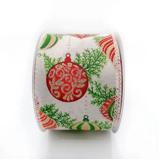 Designer’s Shop WR 63-5183 Holiday Glitter Gold/Red/Green Ornaments Wired edge ribbon 2.5” x 10 yard {2}