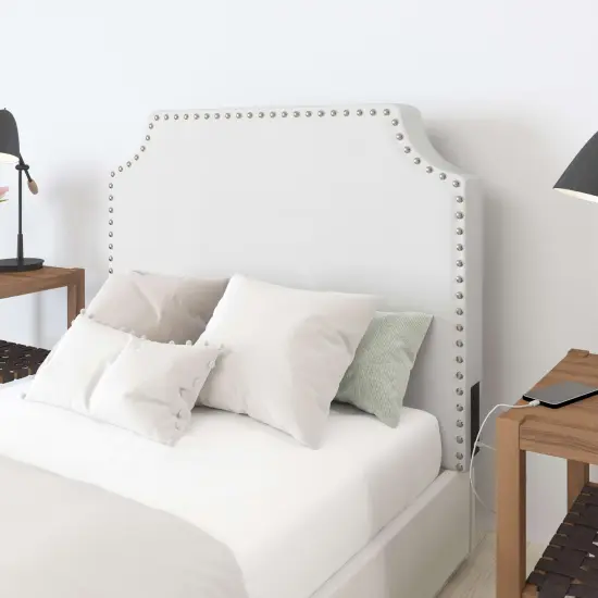 Merrick Lane Ribas Contoured Faux Leather Headboard with Studded Upholstery, Dual Hanging Options, Charging Station with 2 Outlets, USB Port, USB-C Port Gray Linen {7}