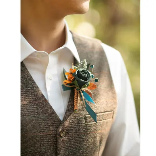 Boutonniere Set of 6 for Groom & Groomsmen Dark teal & burnt or {2}