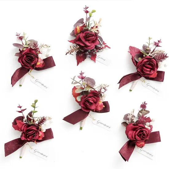 Boutonniere Set of 6 for Groom & Groomsmen Burgundy & dusty ros {1}