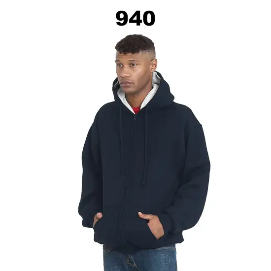Bayside&reg; Super Heavy Thermal Lined Full Zip Hooded Sweatshirt Navy/Cream {3}