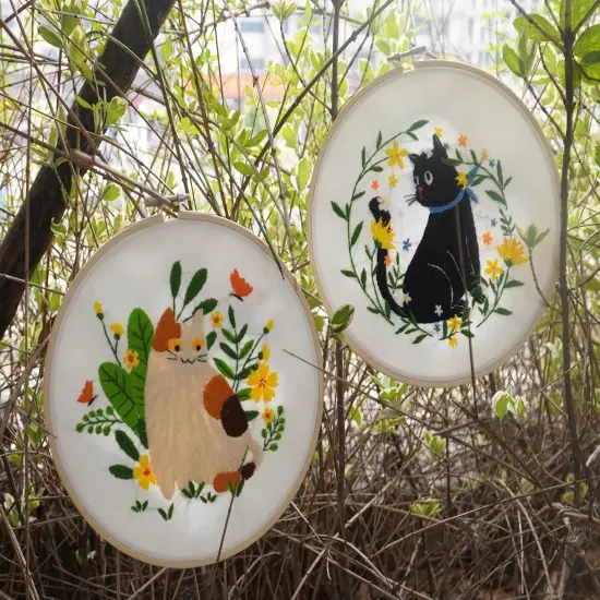 Embroidery Kit for Beginners, 3 Sets Embroidery Kit for Craft Lover Handy Stitch with Embroidery Fabric with Pattern,Full Range Accessories (Cats) Plant {6}