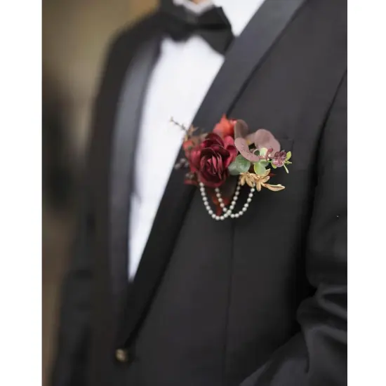 Boutonniere Set of 6 for Groom & Groomsmen Burgundy & dusty ros {3}