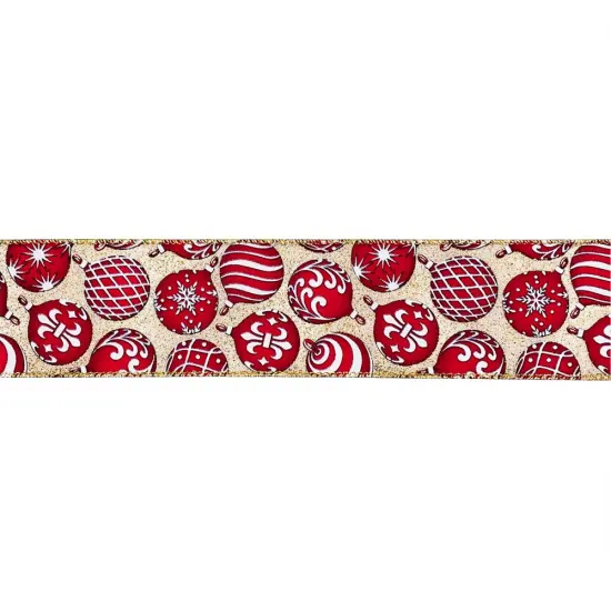 Designer&rsquo;s Shop WR 63-5182 Holiday Red/White Ornaments Wired edge ribbon 2.5&rdquo; x 10 yard {5}