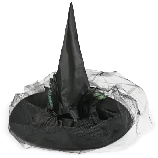 Deluxe Pointed Witch Hat - Glamorous Black Witches Accessories Fancy Satin Hat with Bow, Spiders and Black Feathers {1}
