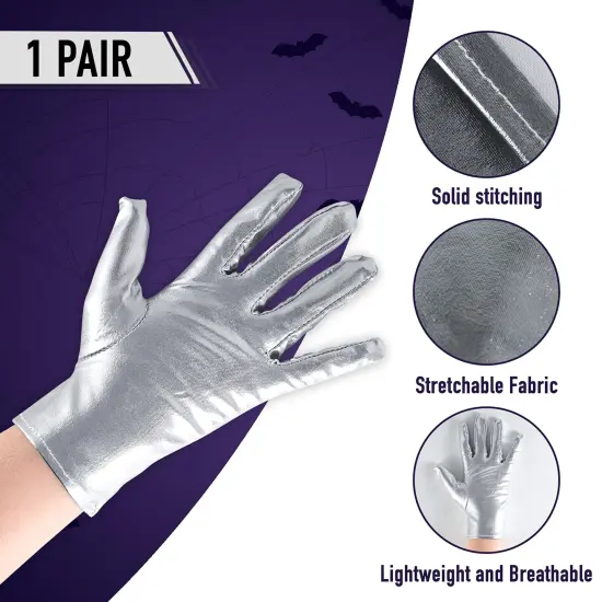 Metallic Silver Costume Gloves - Shiny Silver Princess Evening Stretch Dress Tea Glove Set for Men, Women and Kids {5}