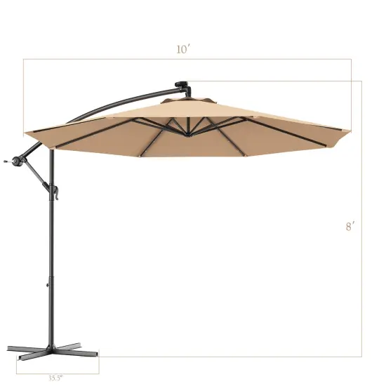 Costway 10' Hanging Solar LED Umbrella Patio Sun Shade Offset Market W/Base Beige {3}