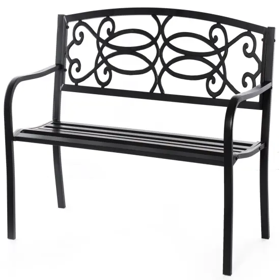 Steel Outdoor Patio Garden Park Seating Bench with Cast Iron Scrollwork Backrest, Front Porch Yard Bench Lawn Decor {1}