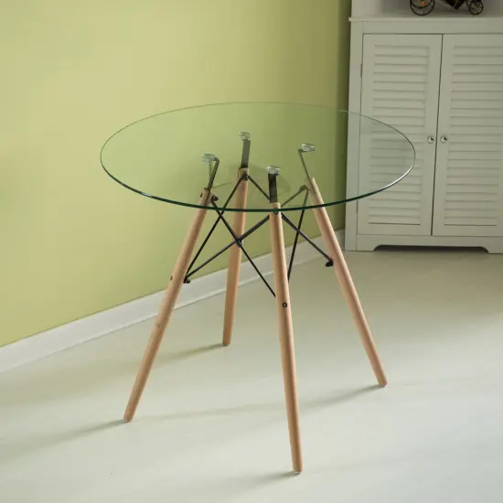 Round Clear Glass Top Accent Dining Table with 4 Beech Solid Wood Legs | Modern Space Saving Small Leisure Circle Desk 31.5" Dia x 29.25" H for Kitchen Dining Room, Living Room {6}