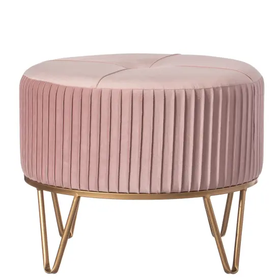Round Velvet Ottoman Stool Raised with Hairpin Gold Base Cream Medium {8}