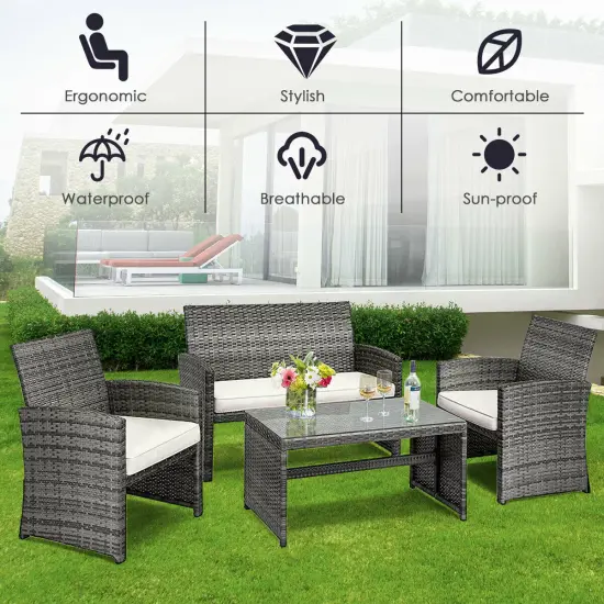 Costway 4PCS Rattan Patio Furniture Set Garden Lawn Sofa Cushioned Seat Mix Gray Wicker {5}