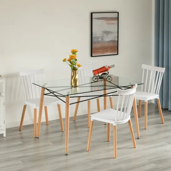 Rectangle Clear Glass Top Accent Dining Table with 4 Beech Metal Frame Solid Wood Legs | Modern Space Saving Small Leisure Tea Desk 47.25" W x 31.5" D x 29.5" H for Kitchen Dining Room, Living Room {2}