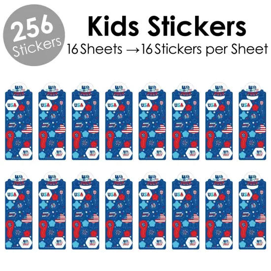 Big Dot of Happiness Firecracker 4th of July - Red, White and Royal Blue Party Favor Kids Stickers - 16 Sheets - 256 Stickers {3}
