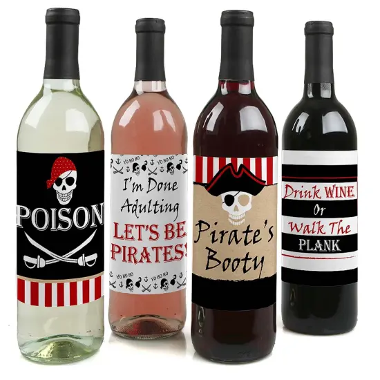 Big Dot of Happiness Beware of Pirates - Pirate Birthday Party Decorations for Women and Men - Wine Bottle Label Stickers - Set of 4 {1}