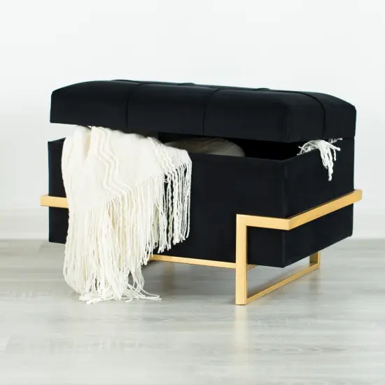 Rectangle Velvet Storage Ottoman Stool Box with Abstract Golden Legs | Decorative Sitting Bench for Living Room Home Decor with Unique Base Support Green Small {12}