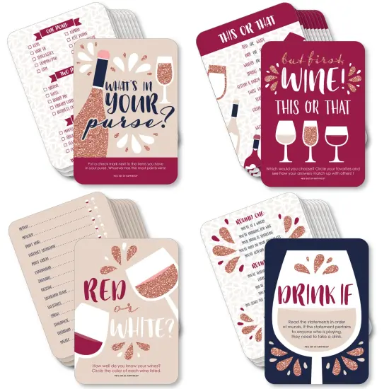 Big Dot of Happiness But First, Wine - 4 Wine Tasting Party Games - 10 Cards Each - Gamerific Bundle {1}