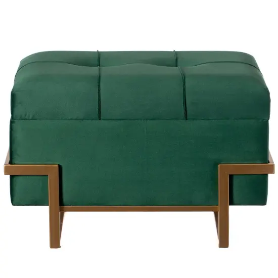 Rectangle Velvet Storage Ottoman Stool Box with Abstract Golden Legs | Decorative Sitting Bench for Living Room Home Decor with Unique Base Support Green Small {3}