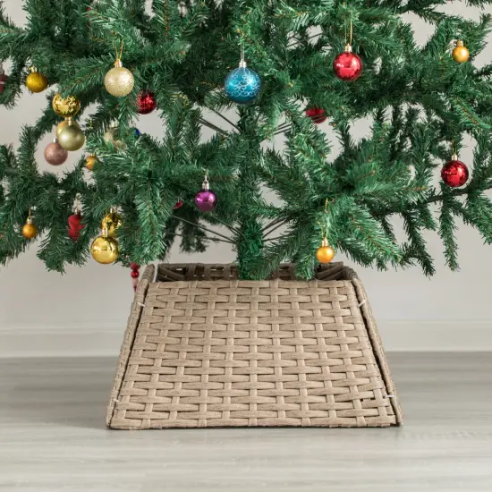 Foldable Christmas Tree Skirt Collar Basket, Ring Base Stand Cover, Rattan Plastic Brown {10}