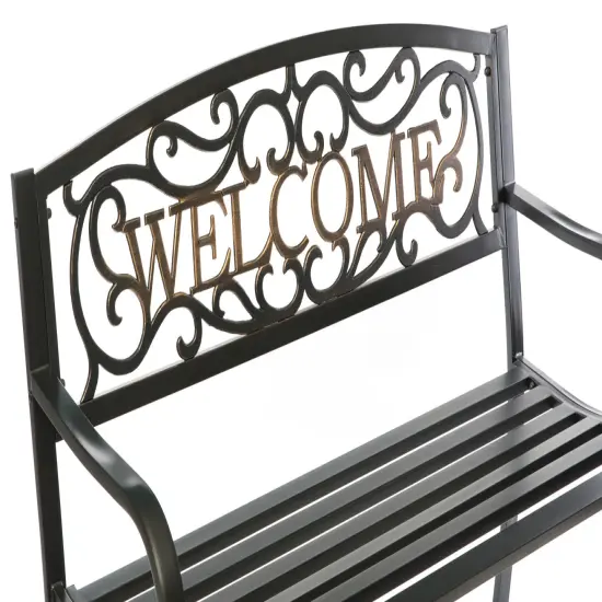 Steel Outdoor Patio Garden Park Seating Bench with Cast Iron Welcome Backrest, Front Porch Yard Bench Lawn Decor {3}