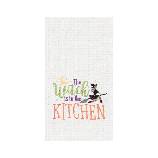 Witch Is In The Kitchen Halloween Cotton Embroidered Waffle Weave Kitchen Towel {1}