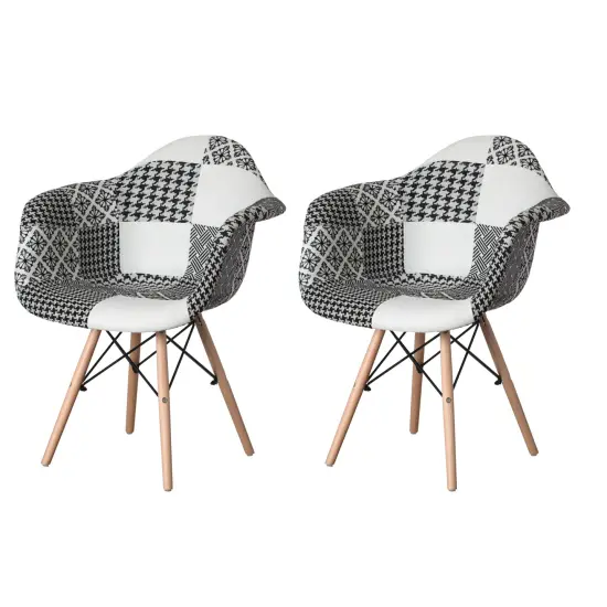 Mid-Century Modern Style Fabric Lined Armchair with Beech Wooden Legs Black & White 2 Set {1}