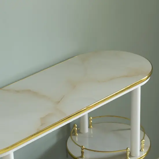 Set of 2 Pieces, Bartender Serving Display Station, Bar Console Working Counter with Open Shelves, Bar Console Island with Tier Shelves for Glass and Bottles, Wood White {5}