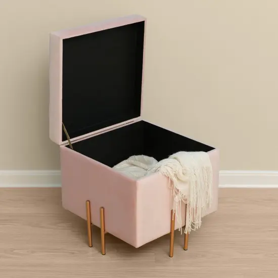 Square Velvet Storage Ottoman with Rose Gold Legs Ivory {10}