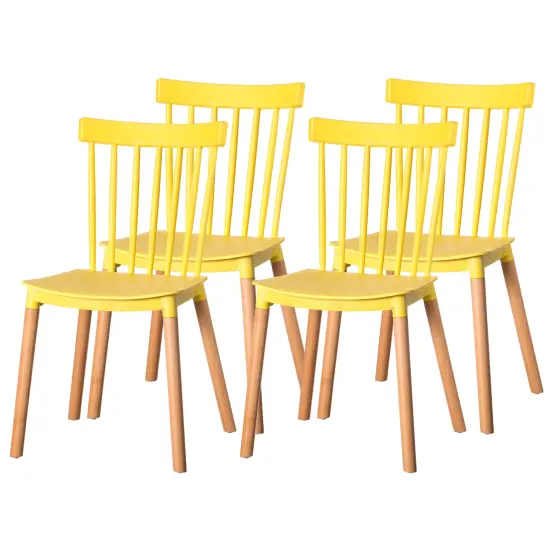 Modern Plastic Dining Chair Windsor Design with Beech Wood Legs Set of 4 Yellow {1}