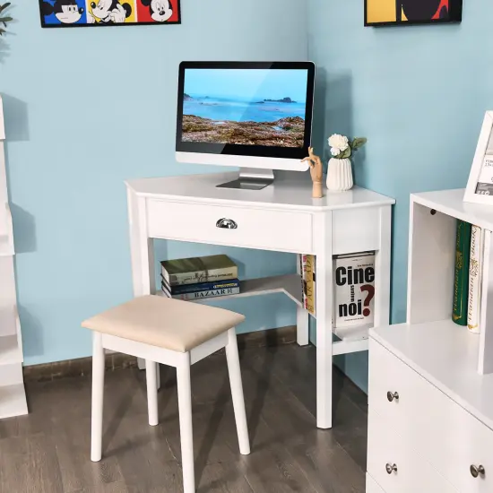 Costway Triangle Computer Desk Corner Office Desk Laptop Table w/ Drawer Shelves Rustic White {4}