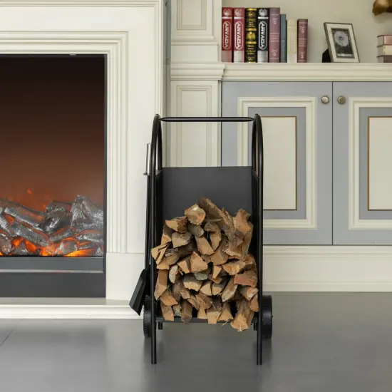 Indoor and Outdoor Patio Iron Firewood Log Cart with Wheels and Fireplace Tool Set, Black {3}