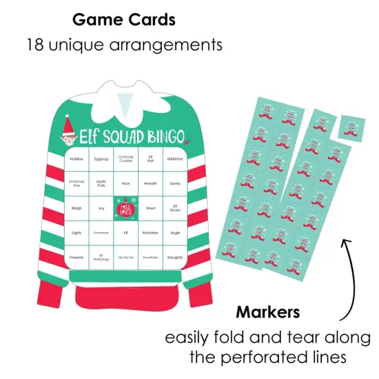 Big Dot of Happiness Elf Squad - Bingo Cards and Markers - Kids Elf Christmas and Birthday Party Shaped Bingo Game - Set of 18 {3}
