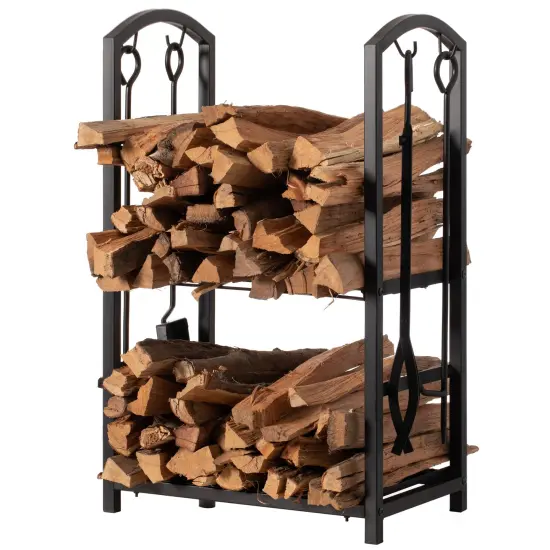 Indoor and Outdoor Patio Iron Firewood Log Cart with Fireplace Tool Rack, Black {6}