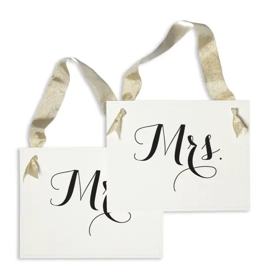 Ritzy Rose Mr. and Mrs. Chair signs - Black on 11x8in White Linen Cardstock with Gold Metallic Ribbon {1}