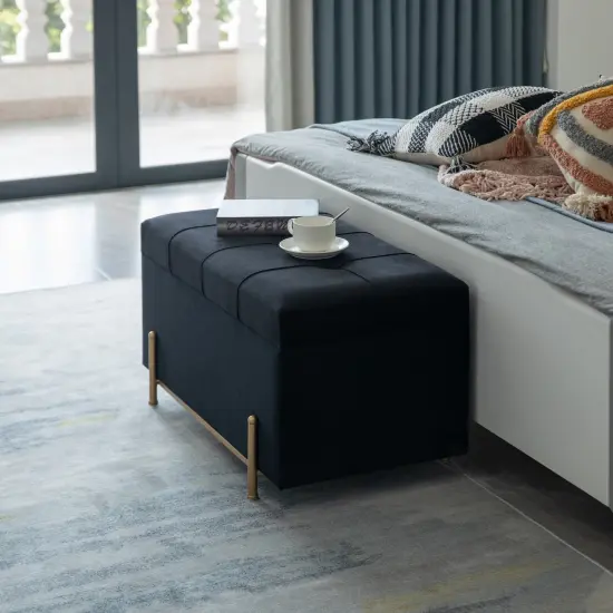 Large Rectangle Velvet Storage Ottoman Stool Box with Golden Legs | Decorative Sitting Bench for Living Room Home Decor with Cylindrical Golden Support Black {5}