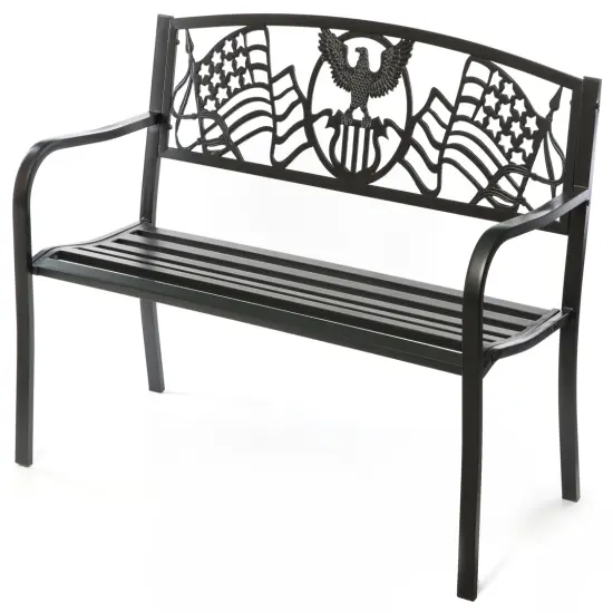 Steel Outdoor Patio Garden Park Seating Bench with Cast Iron Patriotic American Flag and Eagle Backrest, Front Porch Yard Bench Lawn Decor {1}