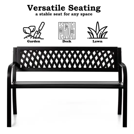 Gardenised Outdoor Steel 47 Park Bench for Yard, Patio, Garden and Deck, Black Weather Resistant Porch Bench, Park Seating {3}