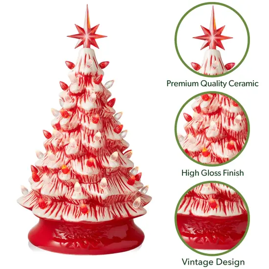 Casafield Hand Painted Ceramic Christmas Tree, Red and White Peppermint 15-Inch Pre-Lit Tree with 128 Red and Clear Lights, 2 Star Toppers {3}