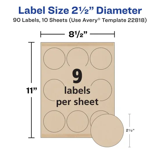 Avery Kraft Brown Round Labels with Sure Feed Technology, 2.5" Diameter, Print to the Edge, Laser/Inkjet Printable Labels, 90 Total (22818) {4}