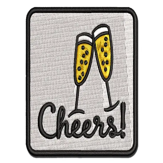 Cheers Champagne Toast Cursive Text Multi-Color Embroidered Iron-On or Hook & Loop Patch Applique {1}