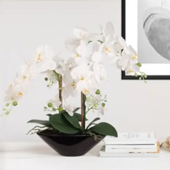 Phalaenopsis Orchid Arrangement in Black Boat Ceramic Vase | 21-Inch | Silk Flowers & Latex Foliage | Floral Arrangements | Home & Office Decor {2}