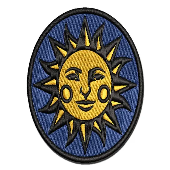Heraldic Sun Face Multi-Color Embroidered Iron-On or Hook & Loop Patch Applique {1}