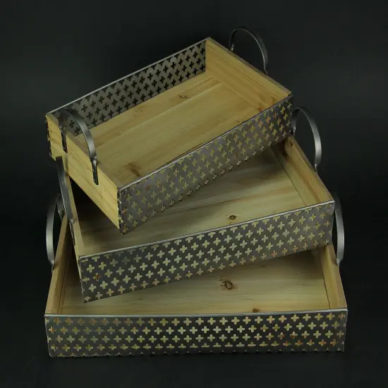 Set of 3 Rustic Metal And Wood Decorative Trays {3}