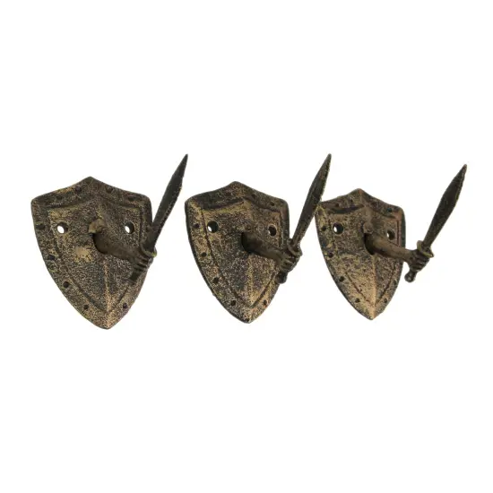 Cast Iron Bronze Sword & Shield Decorative Wall Hooks Towel Hanging Set of 3 {1}