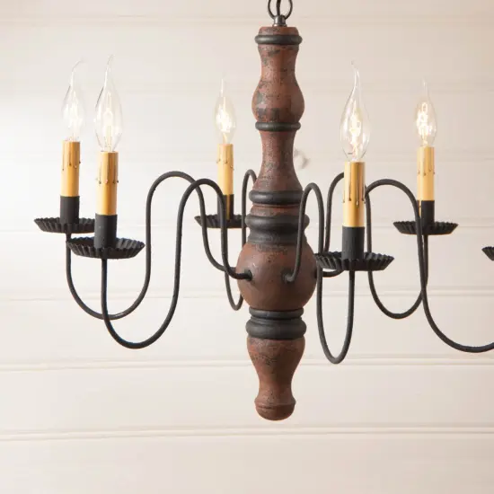 6 Arm Gettysburg Wood Dining Chandelier in Hartford Pumpkin 27 Inches Diameter {4}